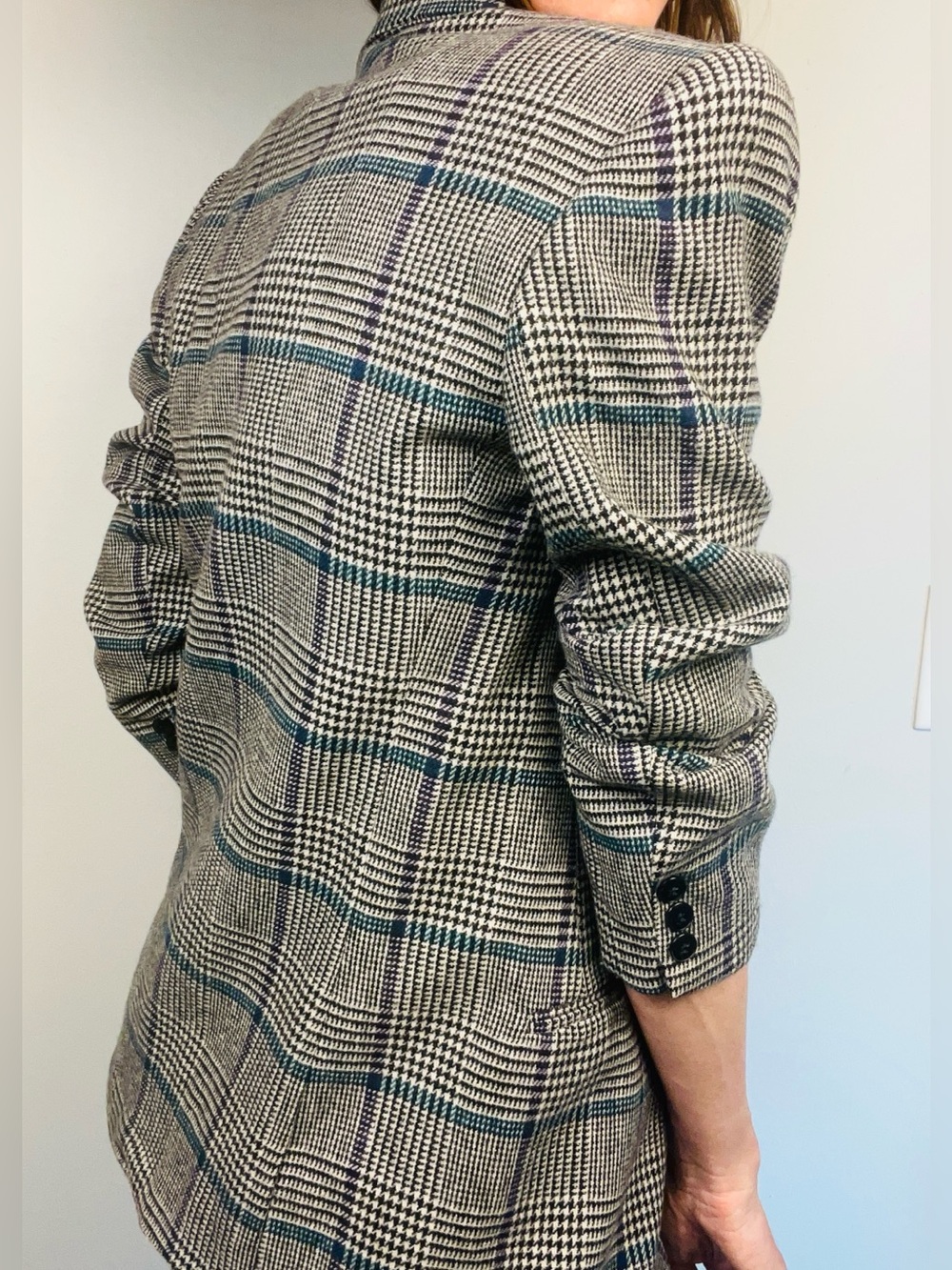 Vintage 90s Glen Plaid Boyfriend Blazer – Black, White & Teal – M/L - Picture 11 of 13